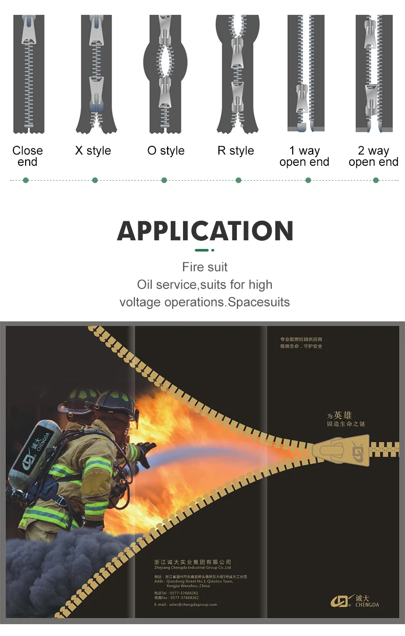 New Design Chengda #5 #8 fire resistant material Resin flame retardant zipper for safety clothes