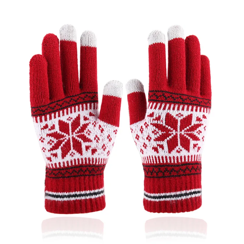 Cheap Winter Men Women Plush Jacquard Knit Gloves Outdoor Snowflake Touch Screen Thick Warm Gloves