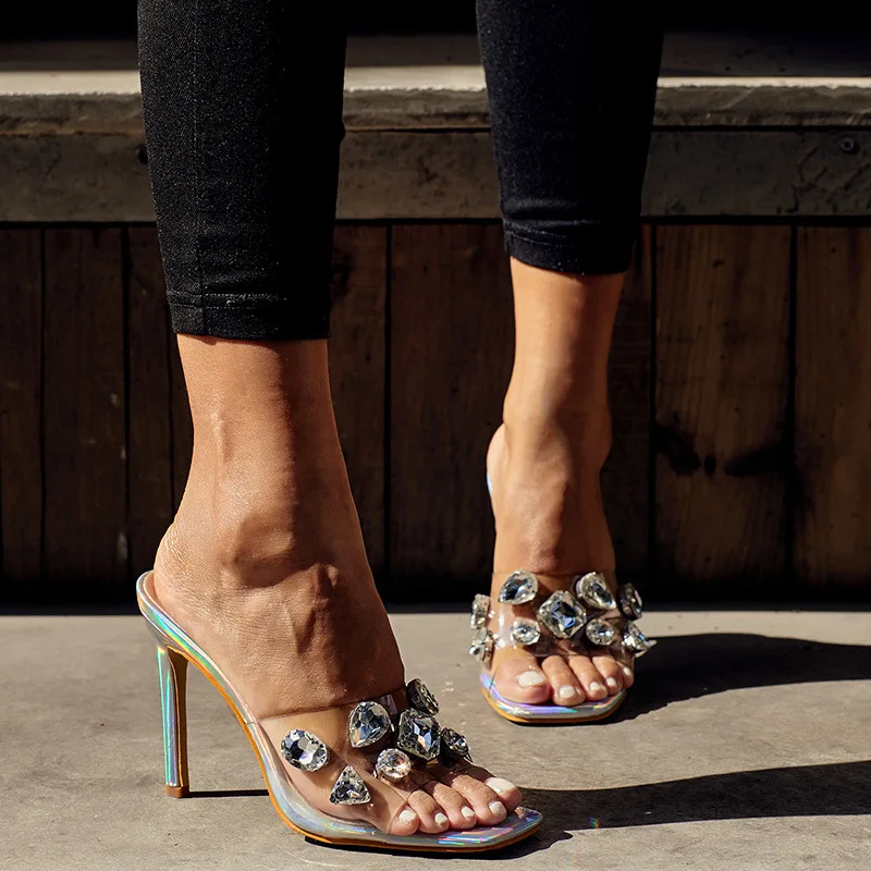 
Transparent sandals women slippers with diamonds 2020 new outer wear stiletto heel bright diamond gemstone sexy crystal heel san 