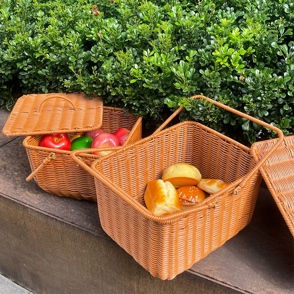 Rattan Portable Large Picnic Baskets With Lid Handle Bread Storage Baskets Wicker Fruit Storage Basket Hamper