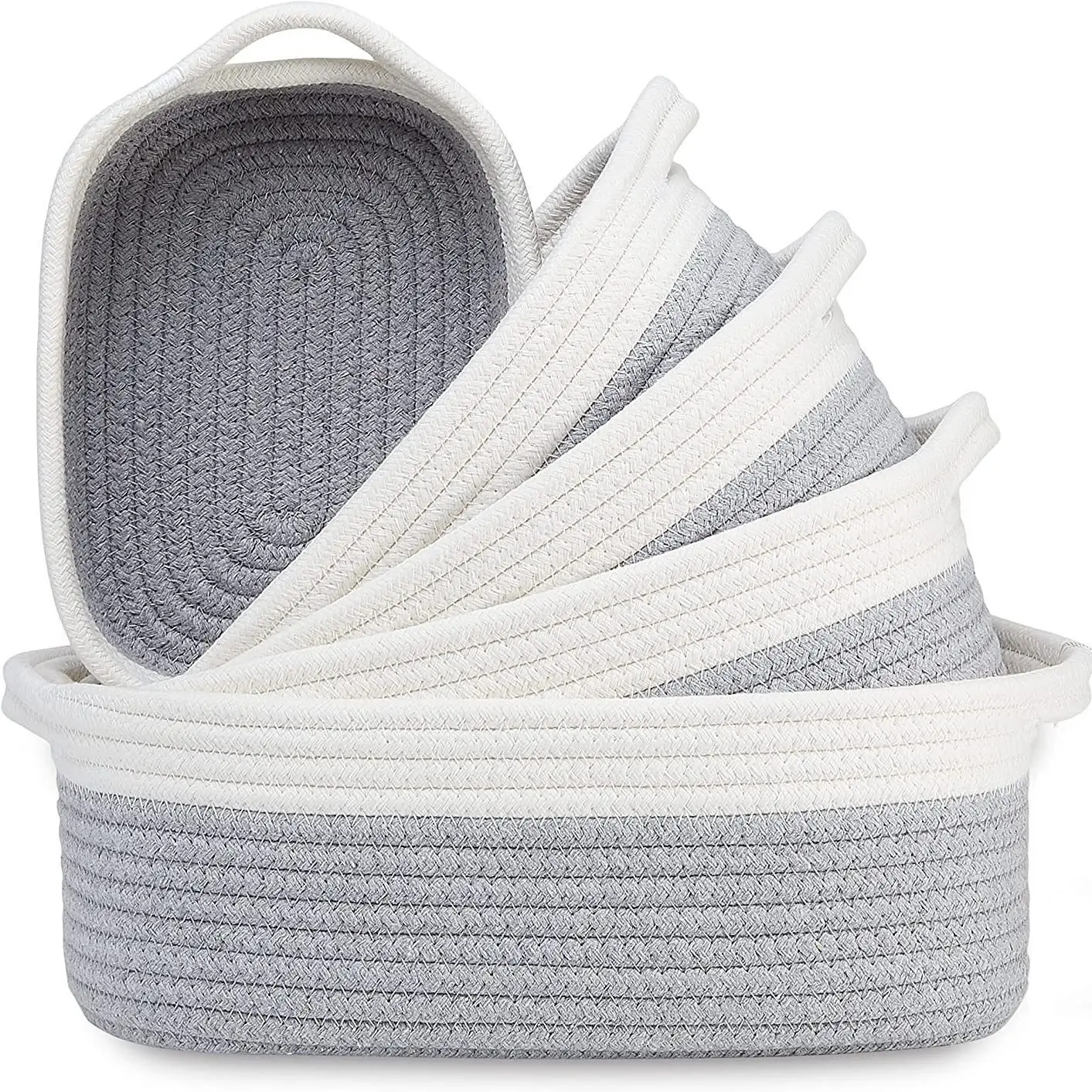 5-Piece Rectangular  Small Basket with Handles for Shelves Toy Natural Cotton Rope Woven Storage Basket Set for Organizing