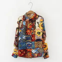 Vintage Women Blouses sunflower oil painting Hawaii shirts 2020 Spring Autumn Long Sleeve Shirt Camisas Tops Mujer blusas