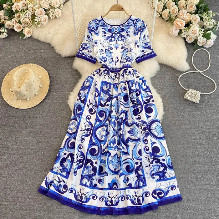 LY1876  Korean Retro  Style Temperament Short sleeved Round necked Print Wrapped Waist Slimming A-line Dress  7