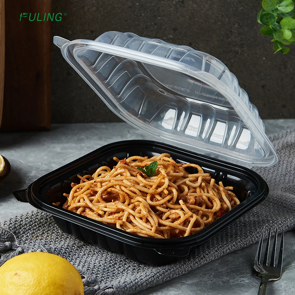 FULING 8X8' 1-Compartment Clamshell To Go Containers Double Color Black Clear Plastic Food Container With Hinged Lid