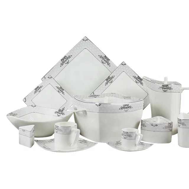 Factory sale 61pcs square  ceramic wholesale dinner set fine bone china