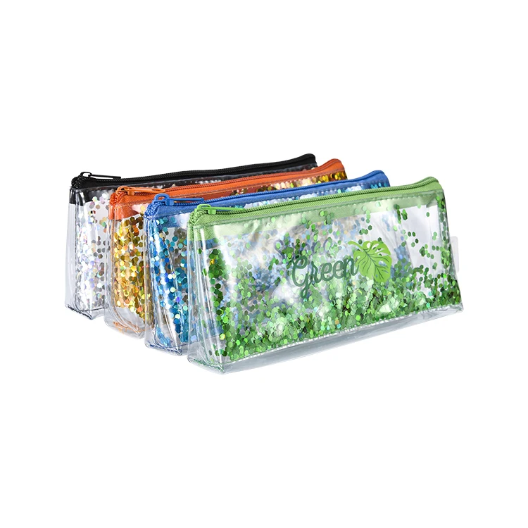 Promotional 4 color Glitter Plastic PVC Zipper Pen Bag Pencil Case Bag For Kid