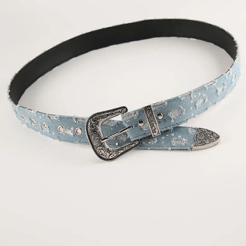 Denim belt retro carved personalized belt decorated Europe and the United States style needle buckle belt