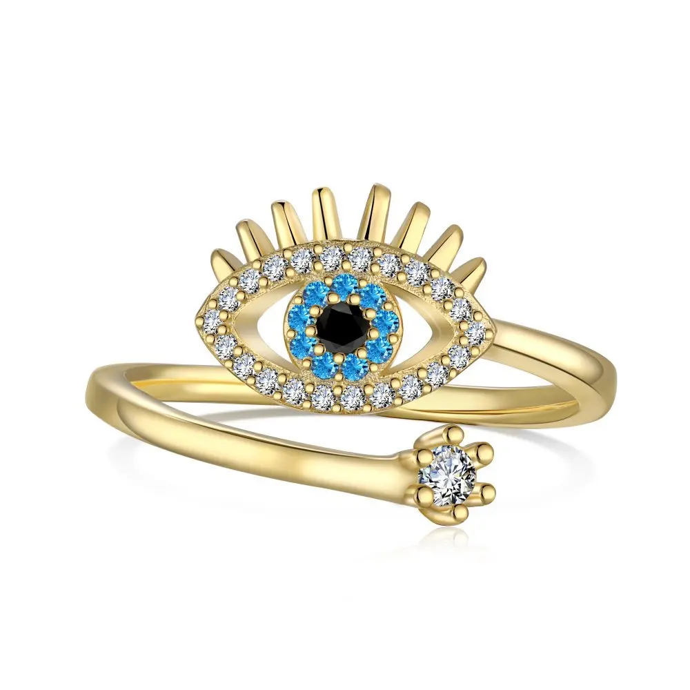 Popular Wholesale 925 Sterling Silver Fine Jewelry 18K Gold Plated Zircon Pave Blue Evil Eye Rings Adjustable