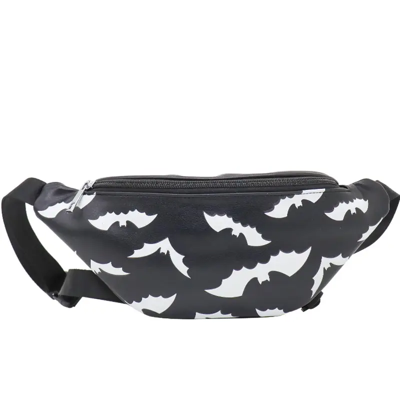 Custom Bat Printing Fanny Pack Sling Bag for Women Vegan Leather Black Gothic Style Belt Bag