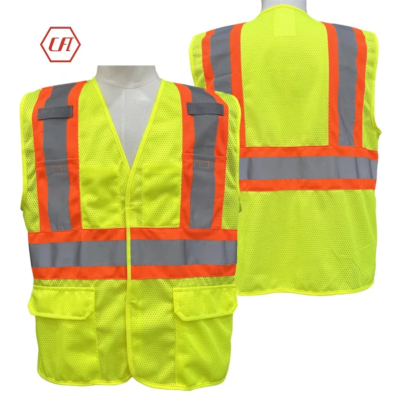 EN 20471 ANSI Class 2 Hi Vis Construction Vest Two-Tone Polyester Mesh with Multi-Pockets and Customizable Logo