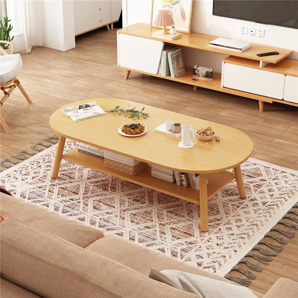 Simple Solid Wooden Coffee Table Living Room Furniture 2 Layers Minimalist Designer Oval Tea Table