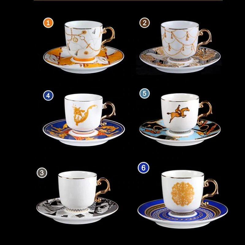 SU03 Turkish Coffee Cup and Saucer Sets Bulk Espresso Porcelain Ceramic Tea Cup and Saucer with Gold Rim