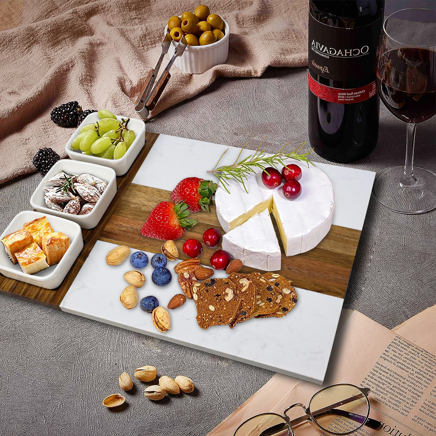 GL New Design Marble and Acacia Wood Charcuterie Board Cheese Board With 3 Ceramic Bowls bamboo cheese board and knife set