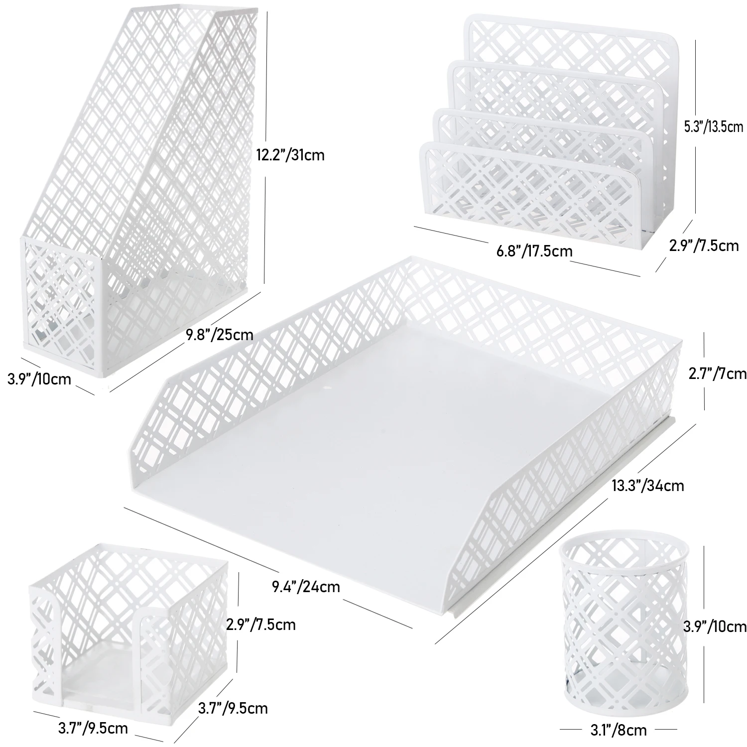 White 5 Pieces Metal Mesh Office Desktop Accessories with Pen Holder Storage Holder Office Supply Desk Organizer Stationery Set