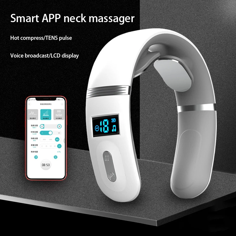 JMK New Design OEM ODM Intelligent Portable Wireless TENS Pulse Hot Compress Smart Neck Massager with Remote Control APP