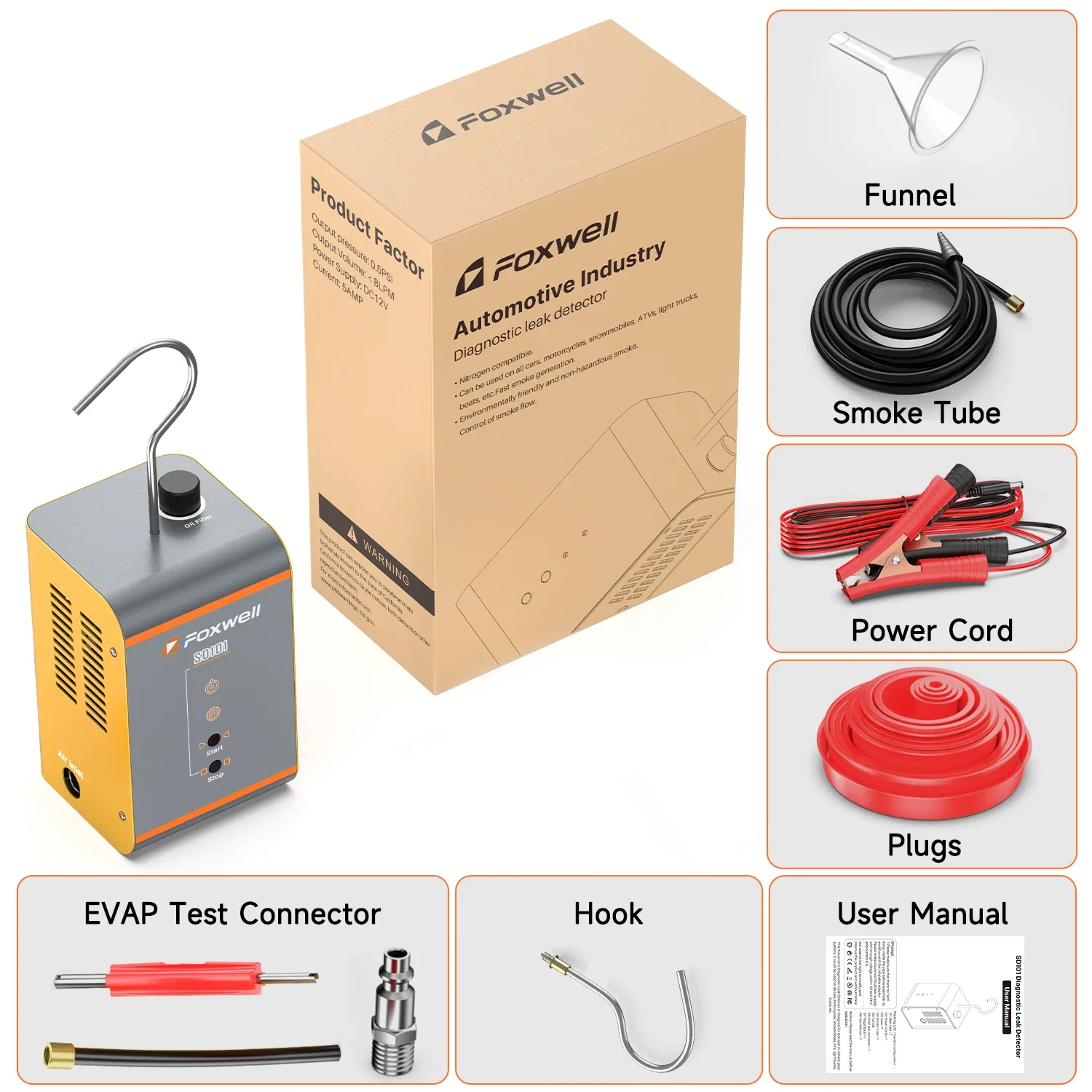 Foxwell SD101 Car Smoke Leak Detector EVAP Vacuum Leakage Diagnostic Tool DC12V Fuel Pipe Leak Locator Auto Leak Smoke Detector