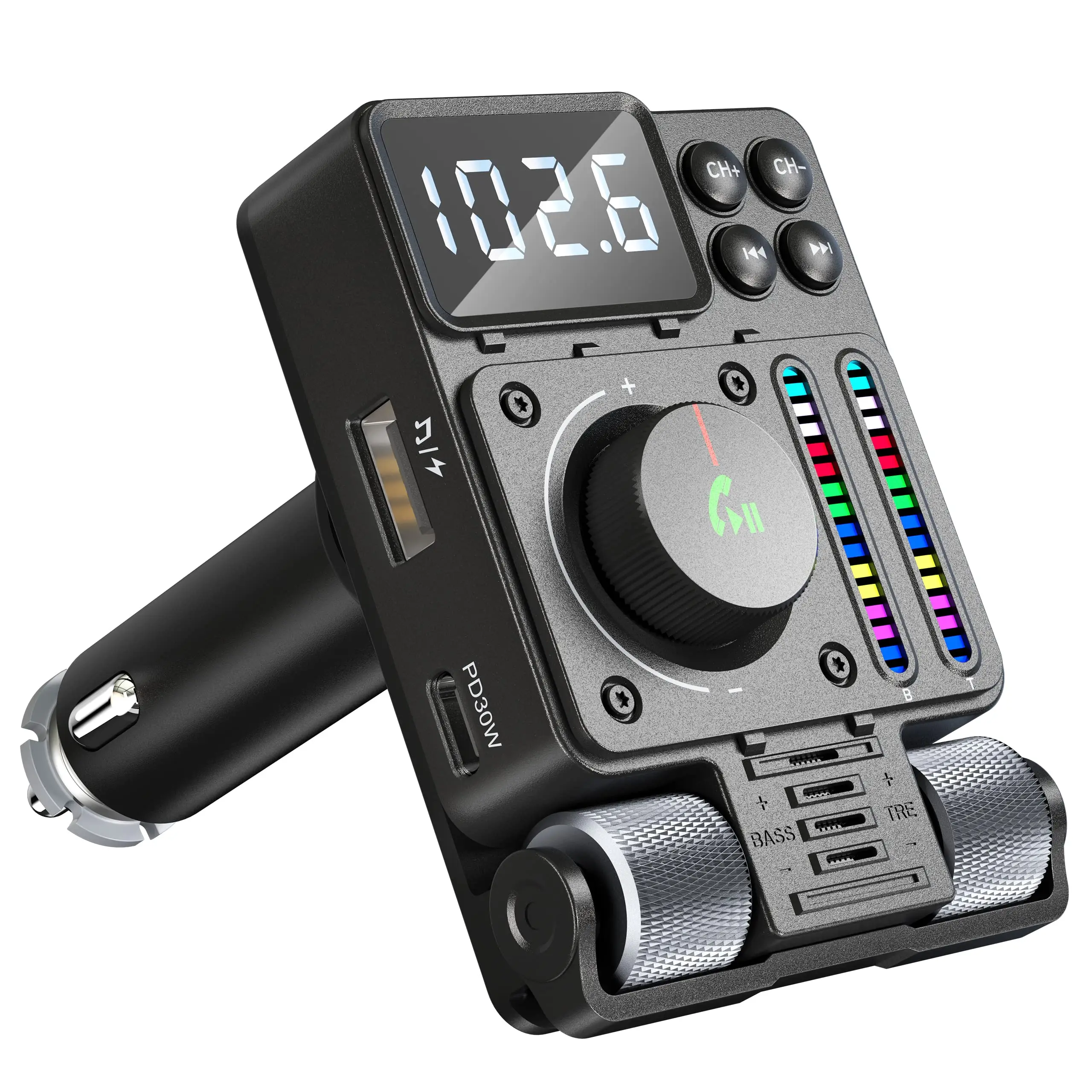 MT01 Bluetooth 5.3 FM Transmitter PD 30W Type C Fast Charge USB Port HiFi Treble Bass Player Bluetooth Car Adapter