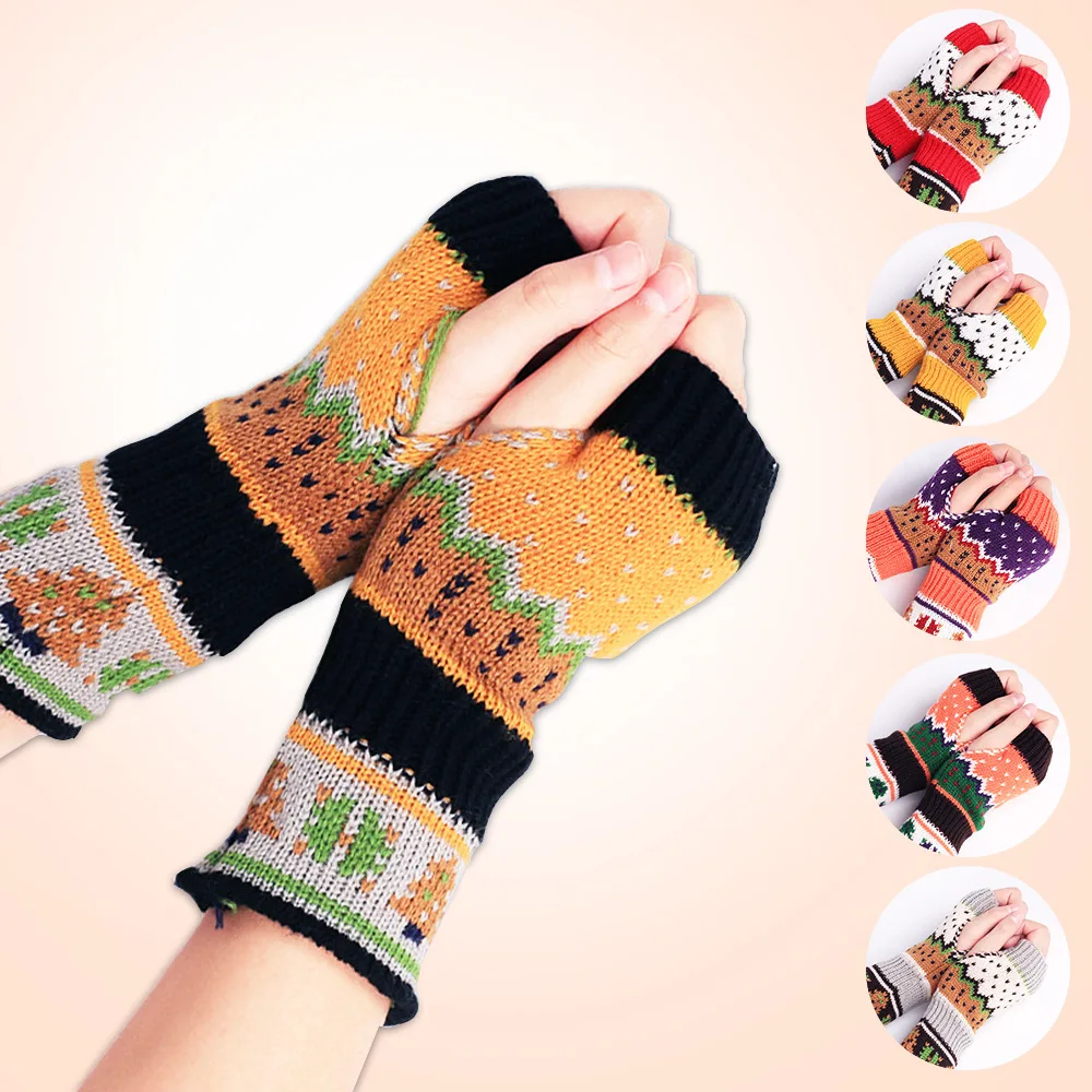 Women Winter Warm Knit Fingerless Gloves Hand Crochet Thumbhole Christmas Arm Warmers Mittens Gift