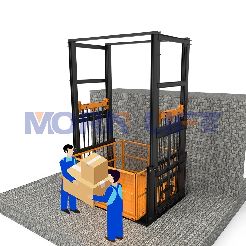 MORN hydraulic goods elevator platform industrial vertical guide rail four post cargo lift with customized service