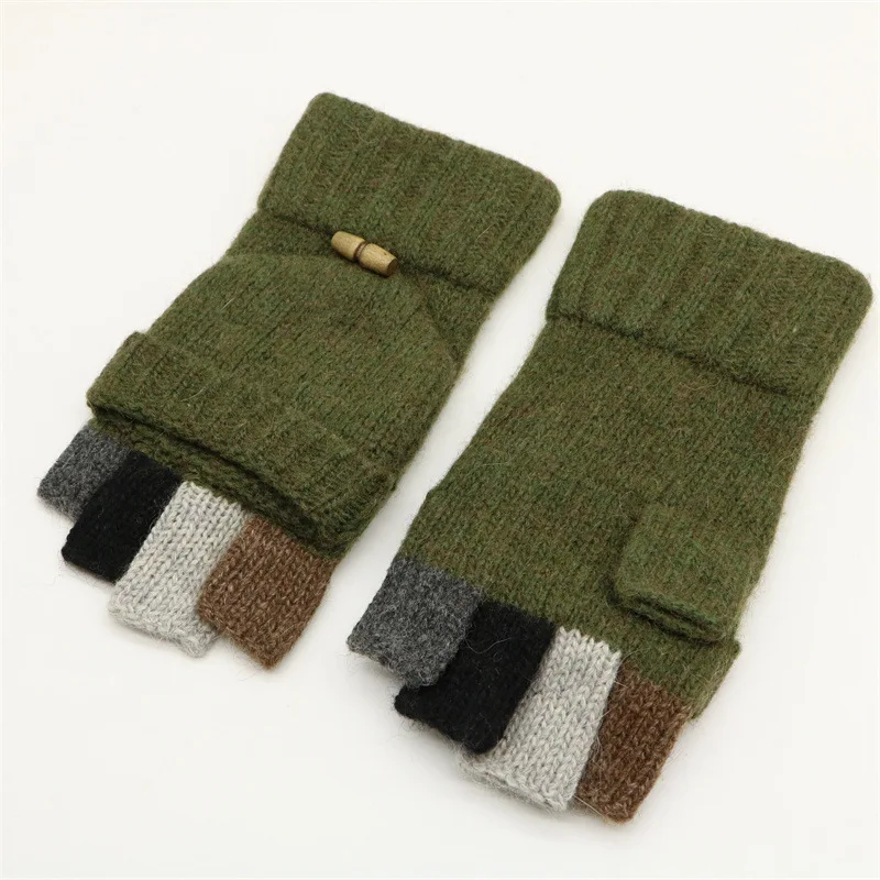 Men Women Ladies Winter Fuzzy Wool Blended Color Blocking Fingerless Gloves Warm Thick Warm Outdoor Ribbed Knit Wide Cuff Mitts