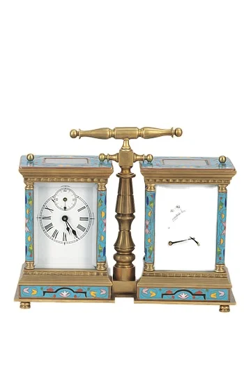 Large French Style  Gilt Brass Cased Blue Sky/Right Flora Cloisonne Enamel  Twins Hygrometer Carriage Travel Clock/Watch