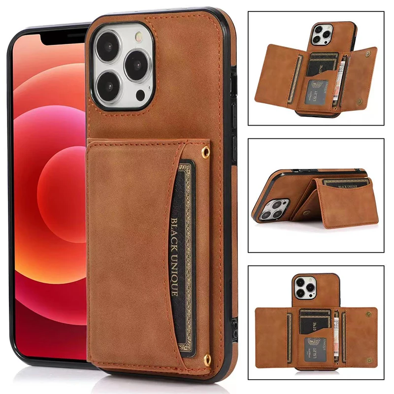 Card Case Leather Mobile Phone Cases Trifold Multi Card Wallet Side Sticker Protective Case For Mobile phones