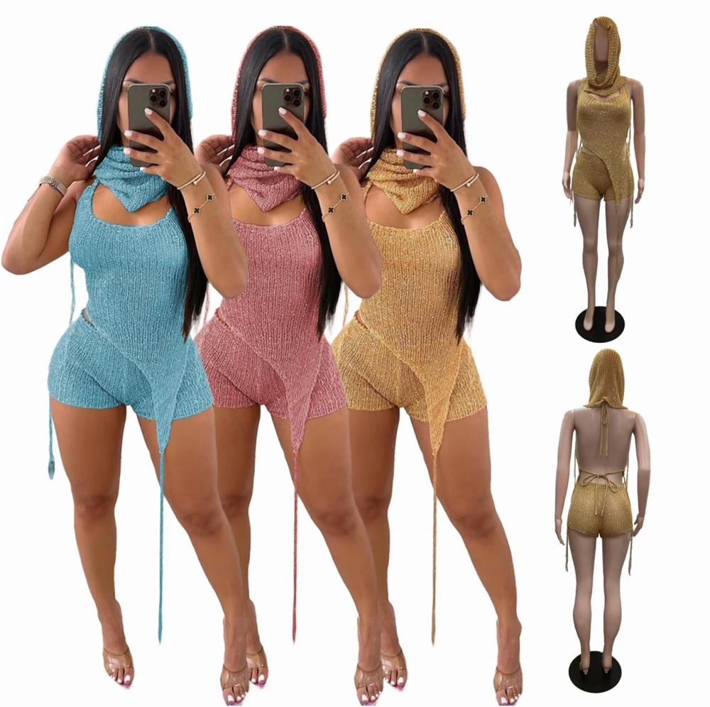 OJW Women Summer Clothes High Quality Knitting Two Pieces Sequins Shorts Set Tight Sexy 2 Piece Set Women