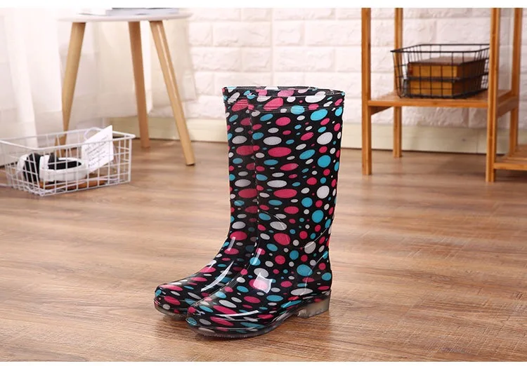 New color high rain boots PVC nice pattern rain boots lady transparent non-slip waterproof beautiful high rainwear for women