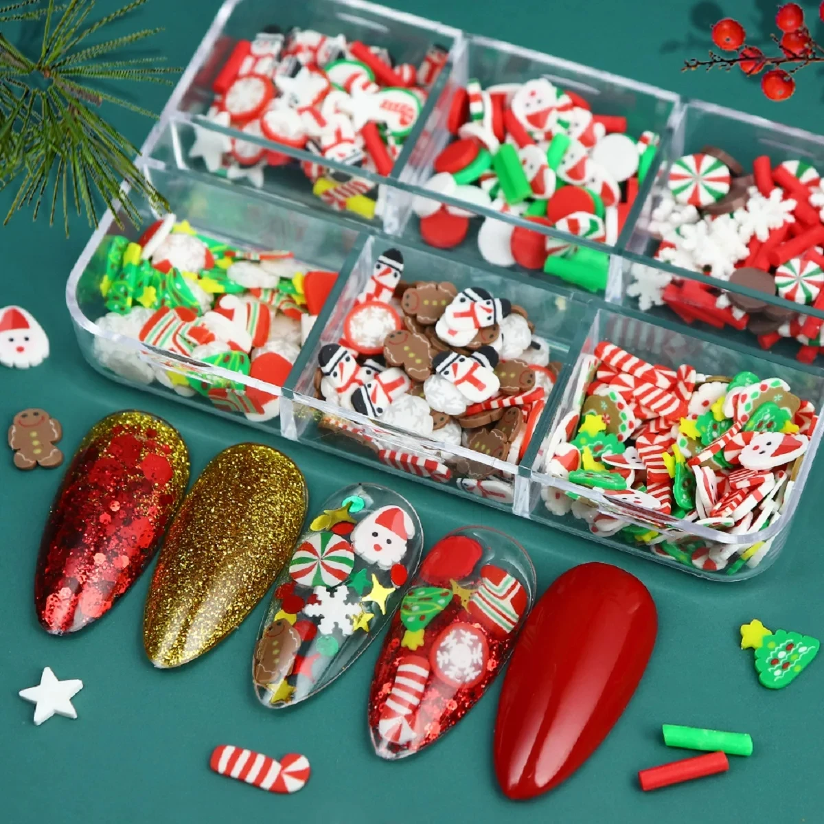 Christmas Nail Art Charms Gingerbread Snowflake Red Socks Hats Polymer Soft Clay Slice Winter Xmas Nail Decoration Accessories