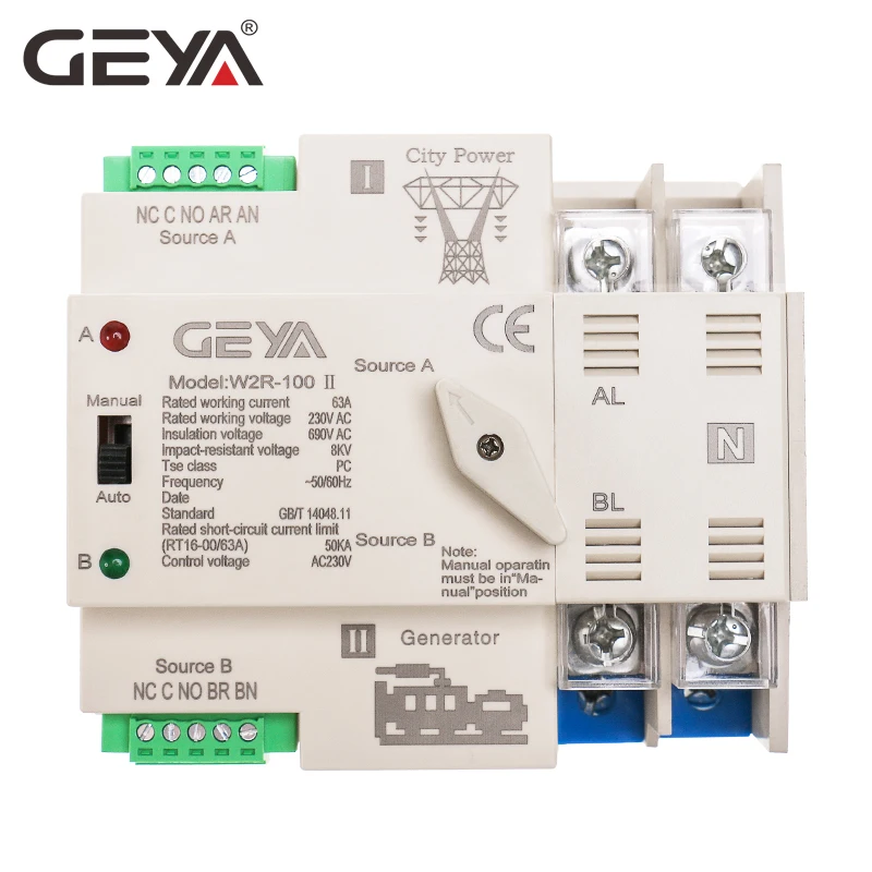 GEYA Automatic Transfer Switch 2P Din Rail ATS Dual Power Switches 50/60Hz 220V 63A 100A
