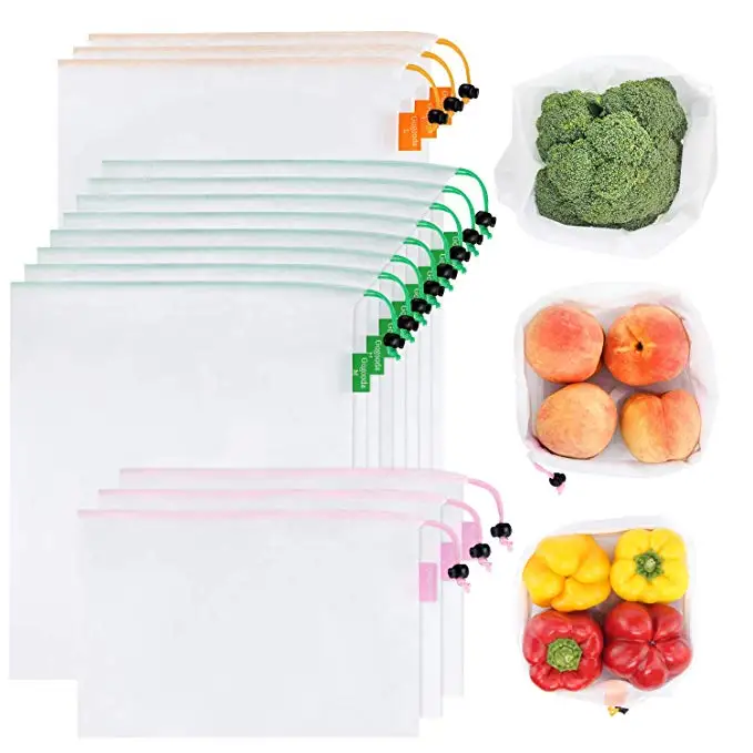 3 sizes 15 pcs one set  reusable eco-friendly see through fruit vegetable mesh grocery bags for supermarket