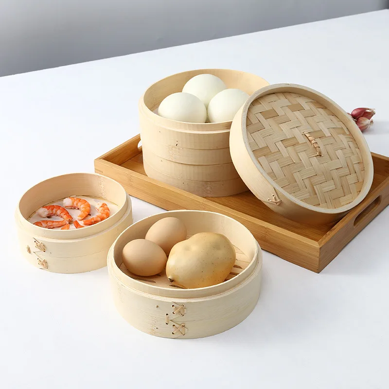 Kitchen accessories 10 inch 12 inch dumpling sticky rice food dim soup wood 2 tier mini dim sum bamboo steamer dim sum