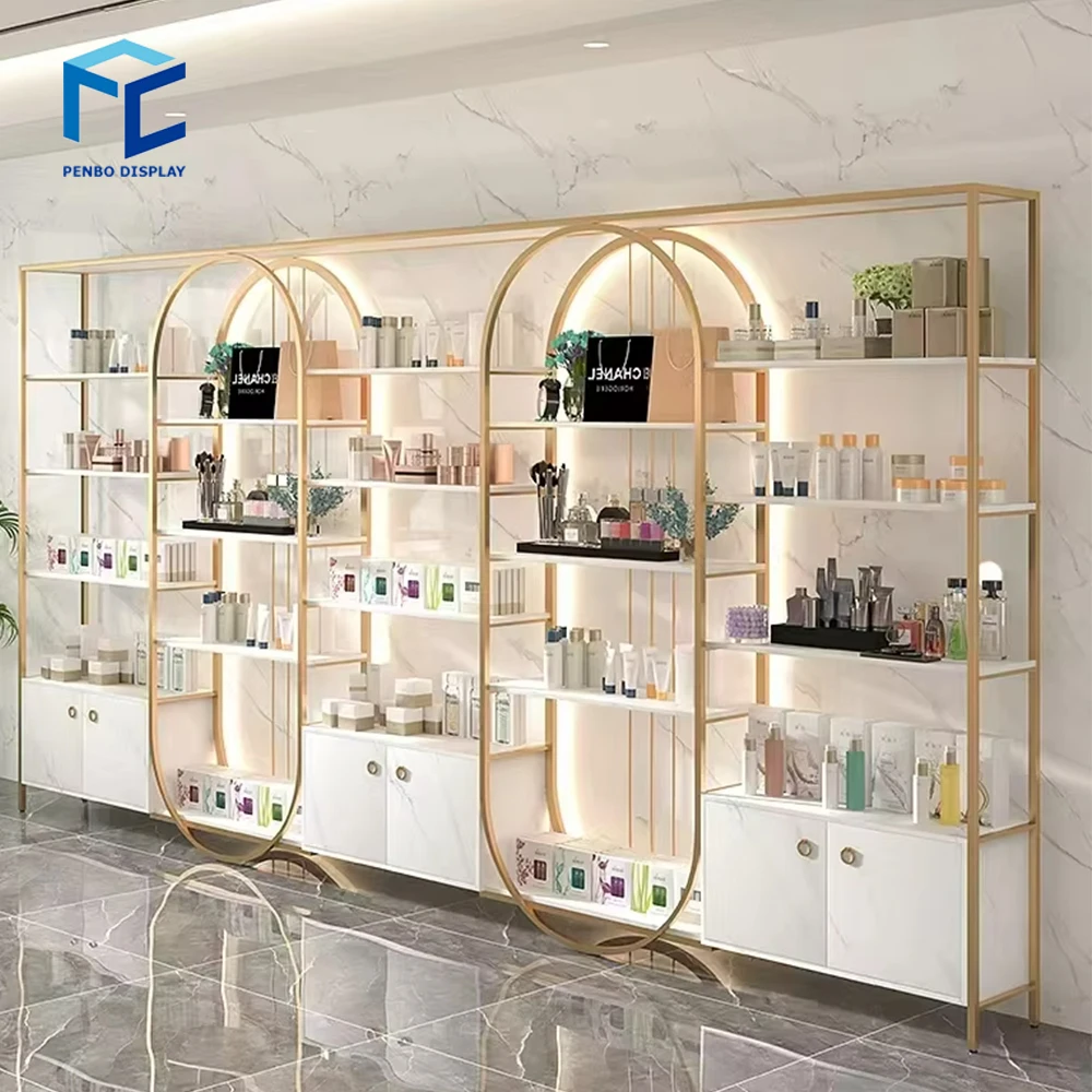 Custom Wooden Makeup Display Wall Showcase And Wall Cosmetics Shelves Display Racks For Shop Furniture