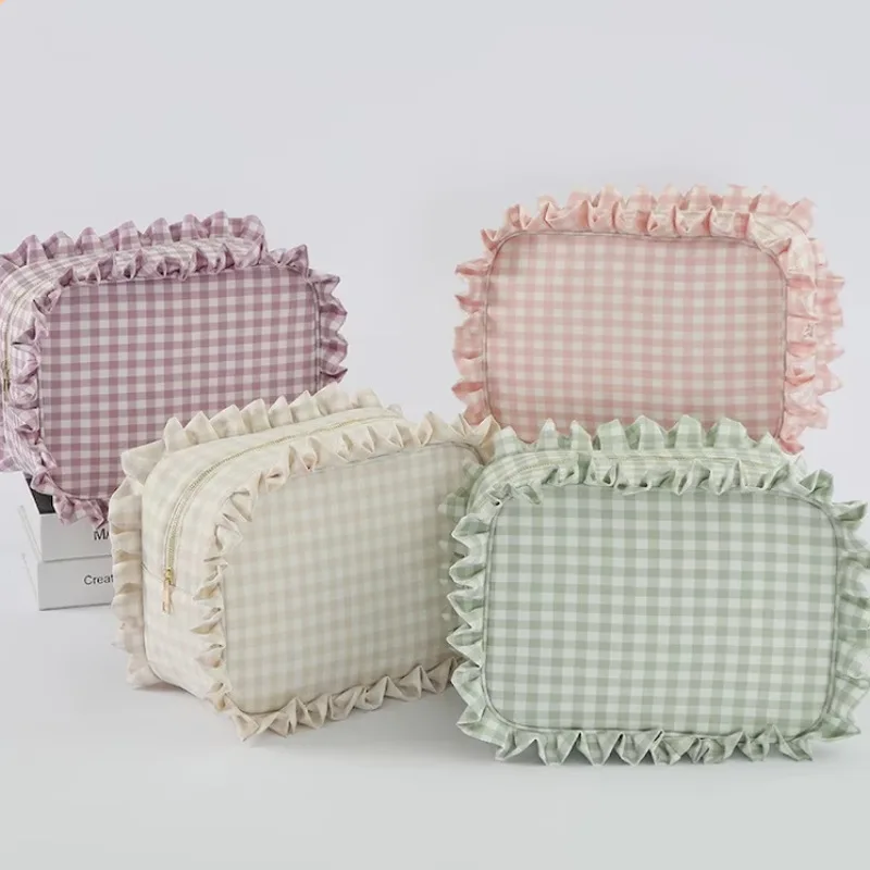 Custom Logo Mult Portable Travel Storage Gingham Plaid Ruffle  Pouch Zipper Cosmetic Accessories Makeup Organizers Make up Bag