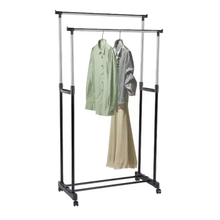 Clothes Rack Black Double Rod Height Adjustable Telescopic Heavy Duty Clothes Hanger Rack Stand With Wheels