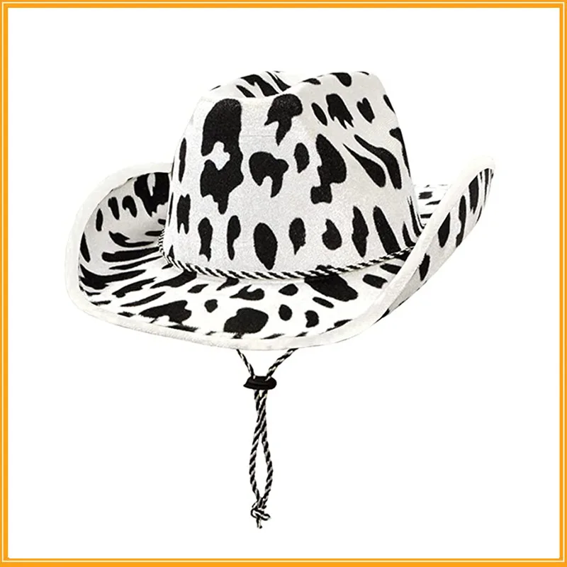 Professional Designer Milk Print Cotton Yarn outdoor large brim Cowboy Hat Western Cow Pattern Double Fleece Shaped Cowgirl Hat