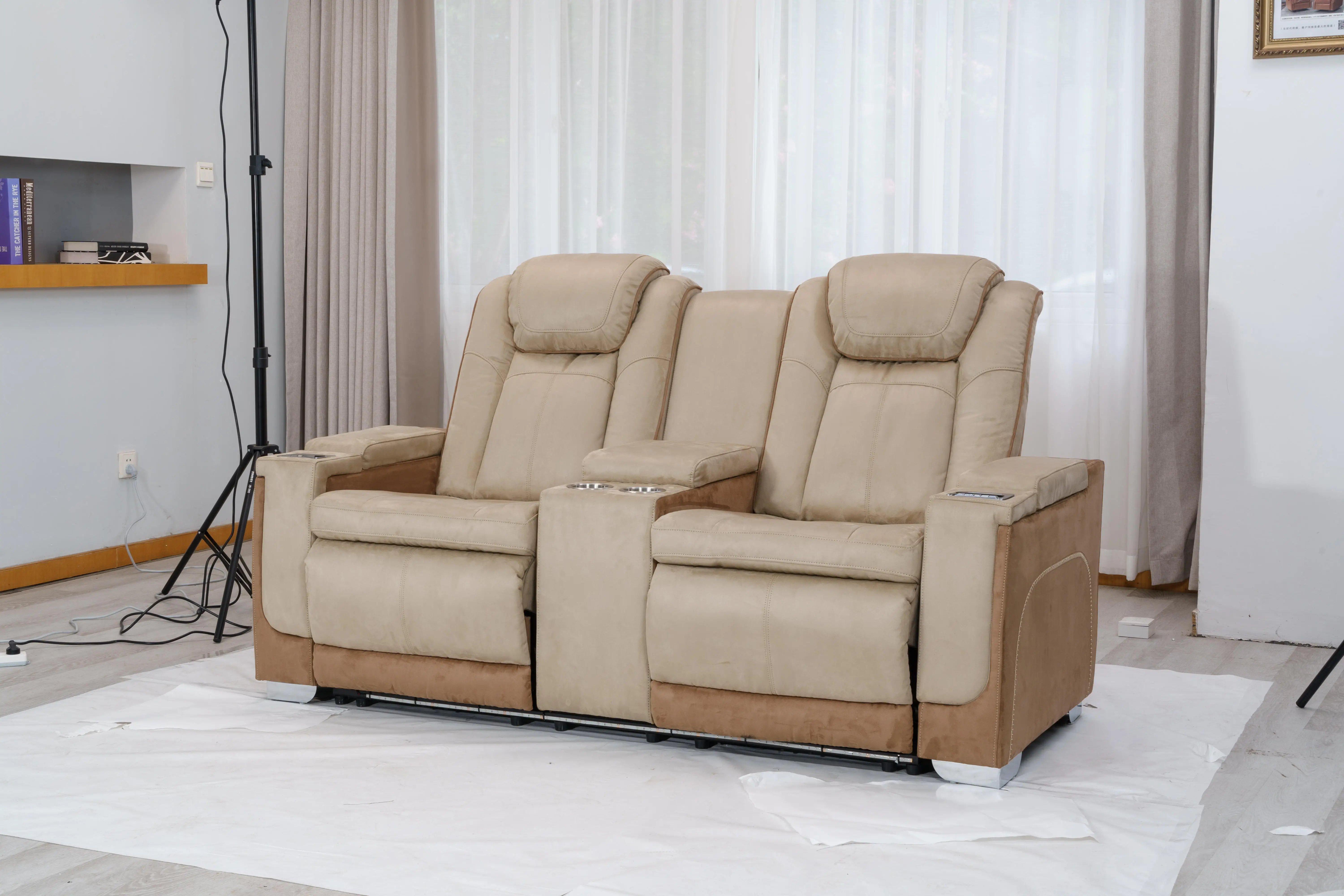 Factory Direct White Leather 4 3 2 1 Cinema Home Theater Sofa With Cup Holders,Computer Table,Storage Arm