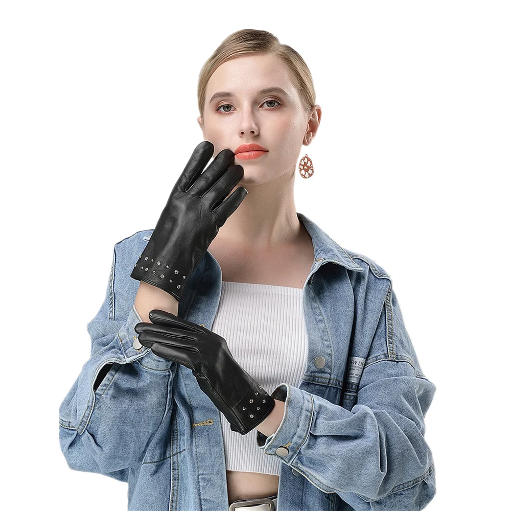 Зимние ветрозащитные женские кожаные перчатки для вождения без хрома