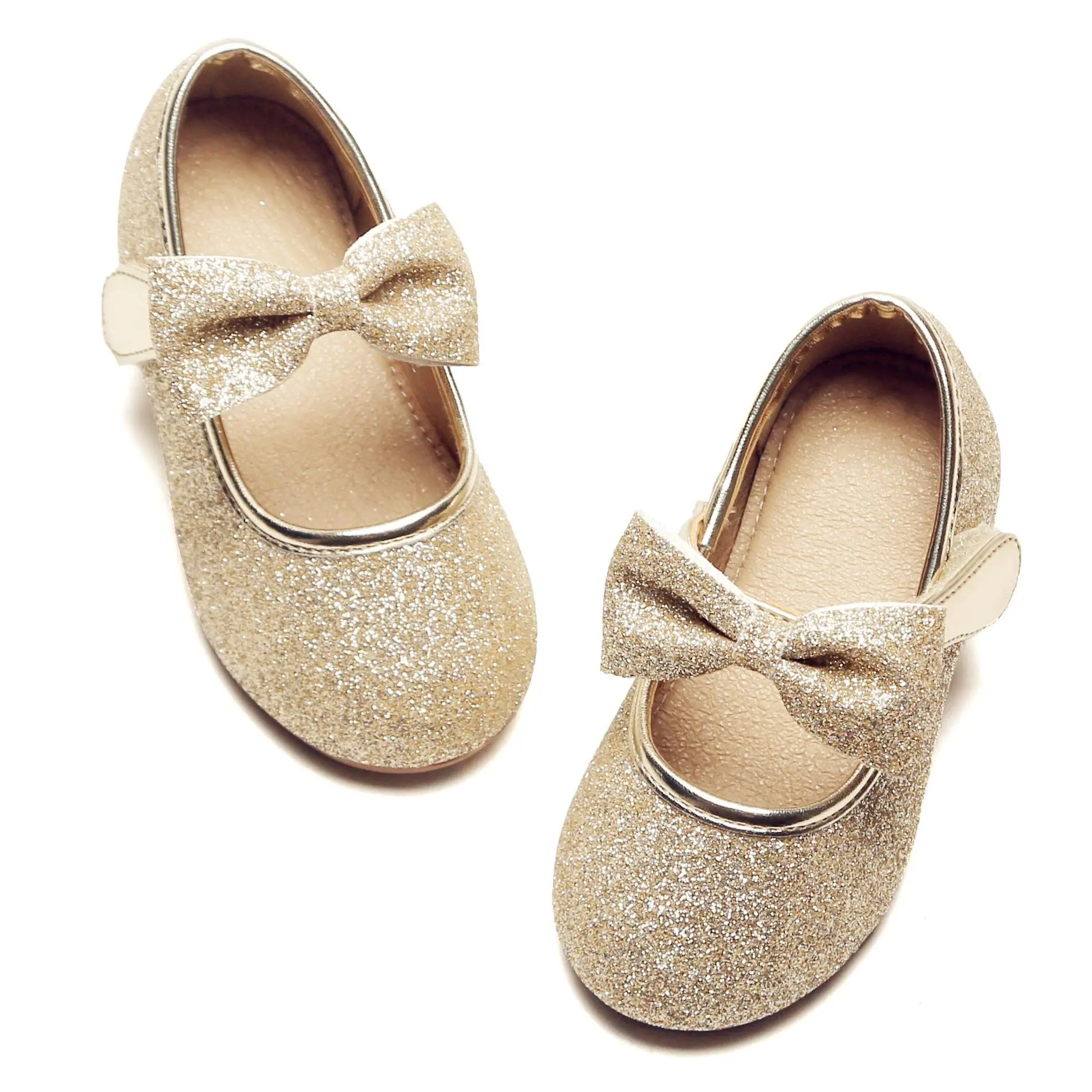 T Strap Gold PU Bow Party School Wedding Mary Jane Custom Girls Flats Dress Shoes
