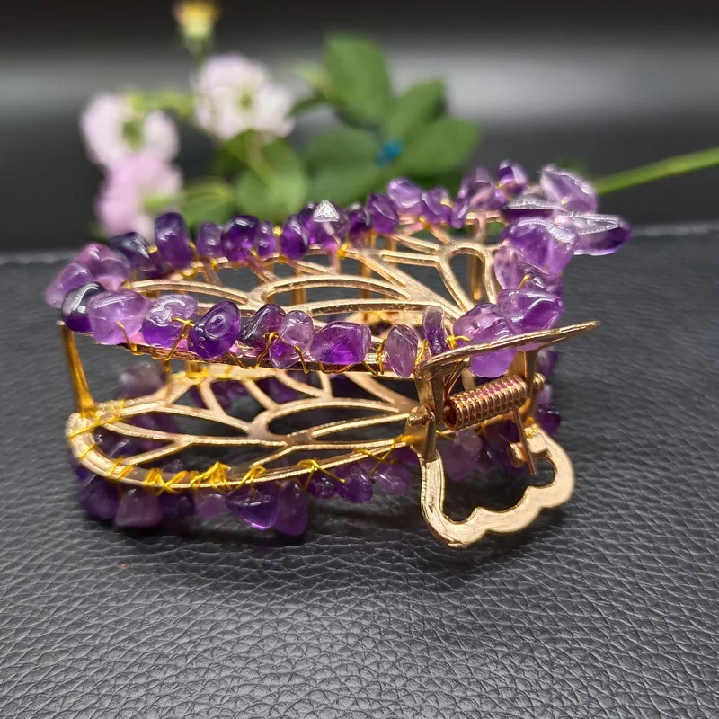 Natural Amethyst Rose Quartz Healing Stones Wire Wrapped Gravel Butterfly Hairpin Hair Accessory