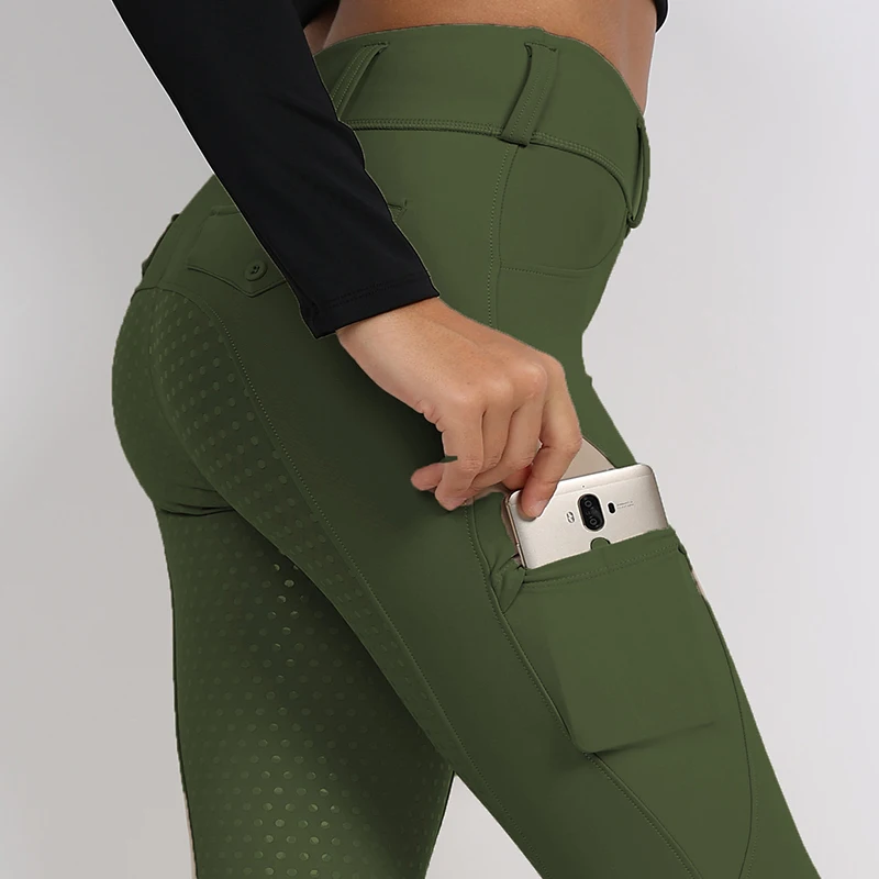 Army Green Phone Pocket Full Seat Silicone Jodhpurs Pants Woman Horse Riding Tights Equestrian Breeches Leggings For School Chap