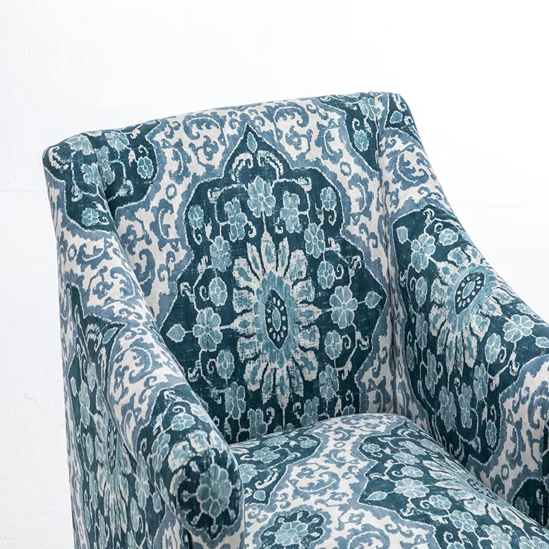 American style armrest sofa wooden legs print fabric big leisure chair