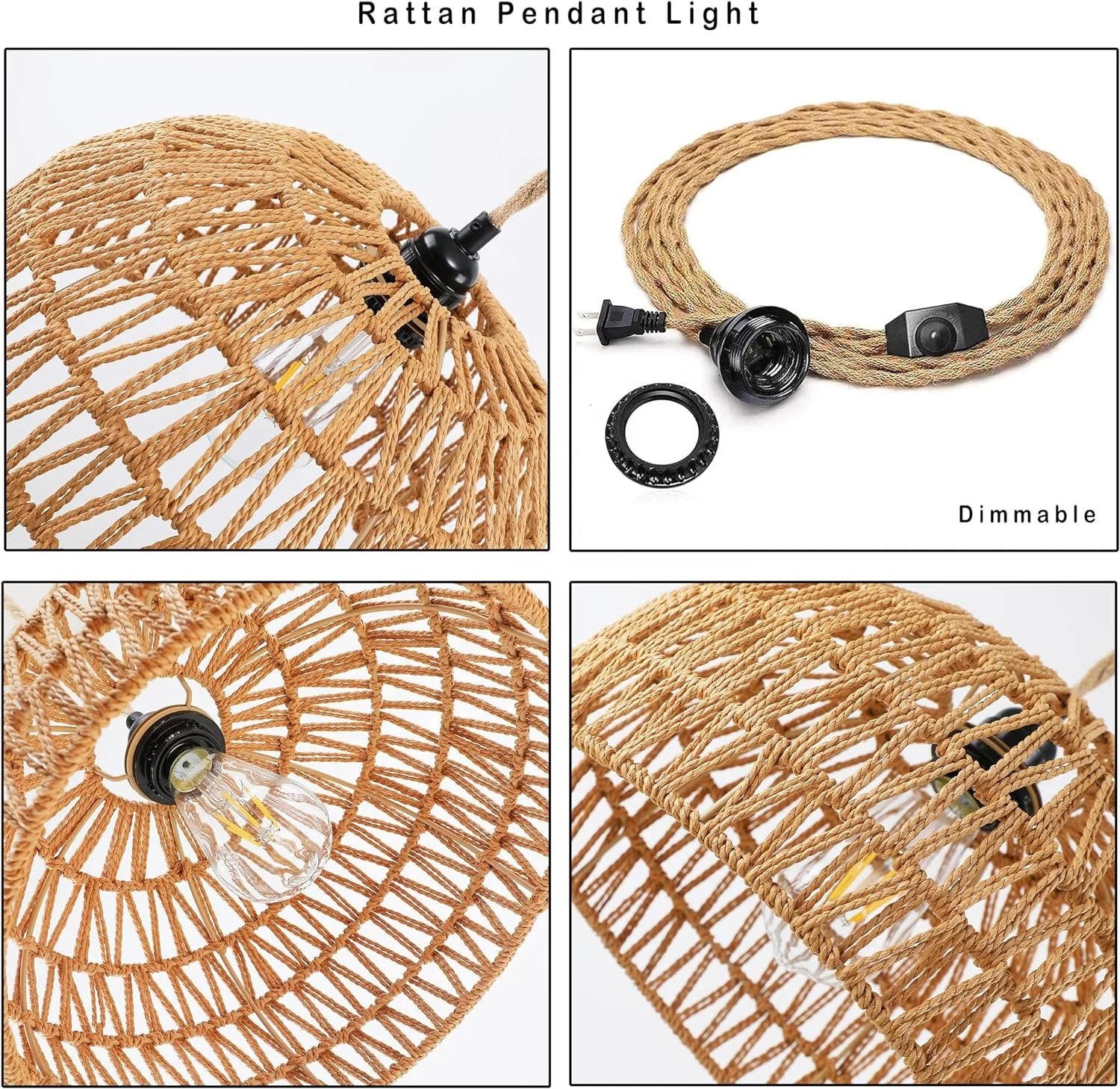 OPPstable Plug in Pendant Light Rattan Hanging Lamp,Boho Decor That Plug Into Light Fixture