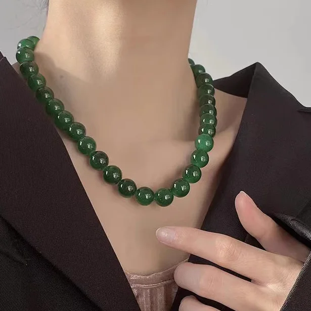 925 Sterling Silver Vintage Green Natural Stone Beads Pendant Necklace Vintage Beaded Necklace For Women