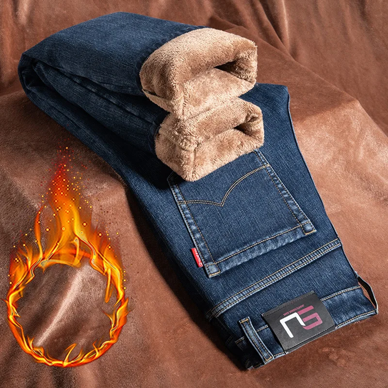 Wholesale High Quality Casual Stretch Straight Winter Thick Fleece Jeans for Men