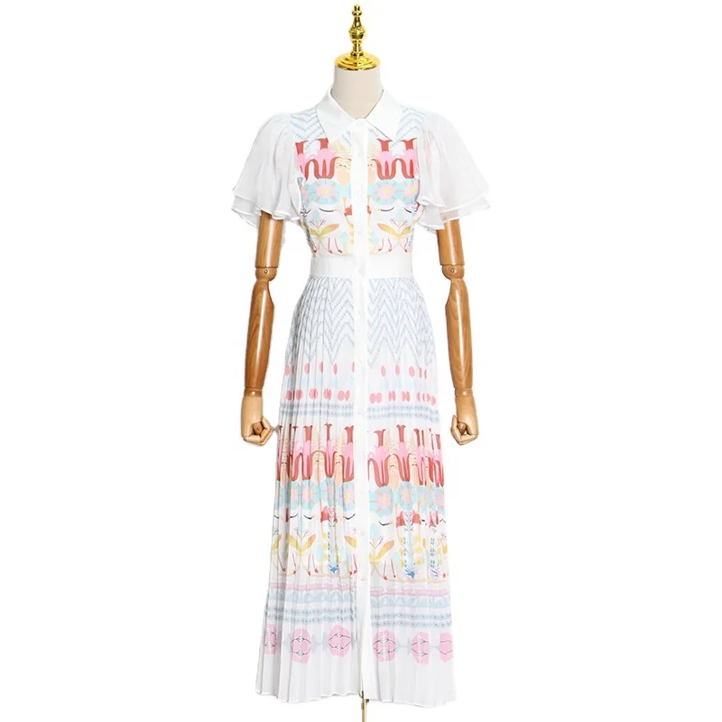 Literary Style Fashion Catwalk Dress  Summer New Flying Sleeves Stitching Pleated Printed Casual Dress
