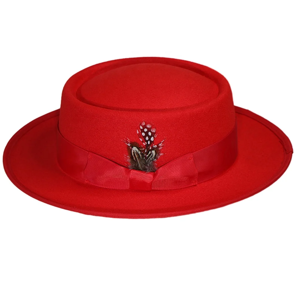 Custom logo luxury wool bowler unisex designer womens men pork pie flat boater fedora felt hat cap manufacture with feather