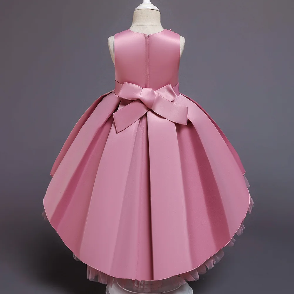2021 Wholesale Satin Flower Long Tail high Quality Baby Girl  Birthday Kids party Dress