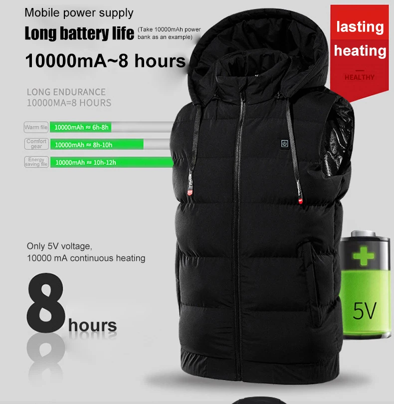 Sidiou Group Detachable Hood Plus Size Puffer Vest Women Men USB Thermal Heated Vest With Hood Zipper Heating Hoody Vest