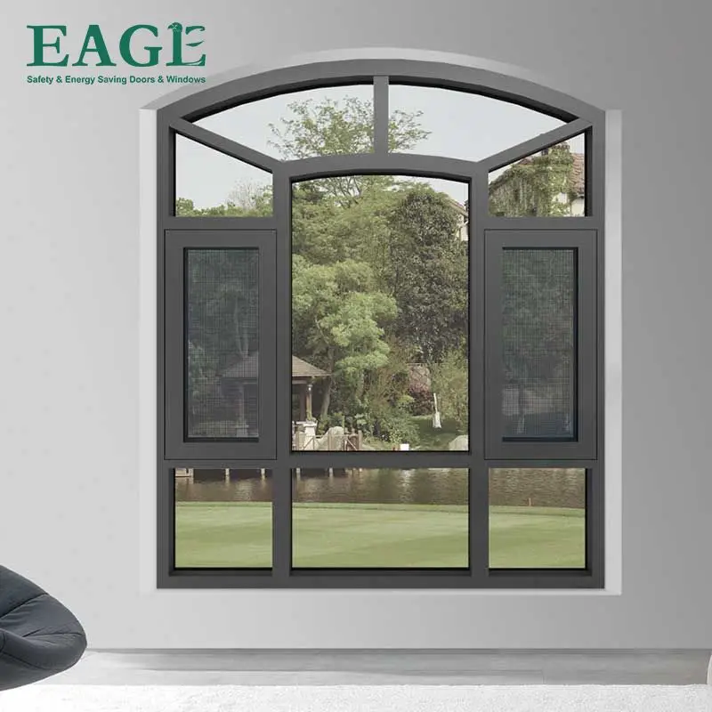 Arched round design aluminum windows double layer tempered glass with 304SS insect net